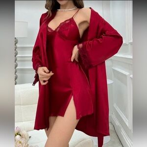 ⭕️ SOLD! ⭕️ SHEIN Red Satin Lace Nightgown and Robe Set